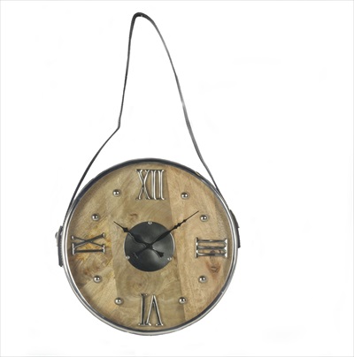 Round Wood And Aluminium Clock Hanging From Leather Strap - Click Image to Close